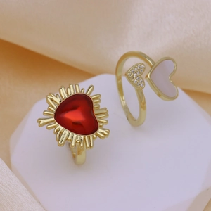 18k gold plated open heart rings with red gemstone and white shell heart details