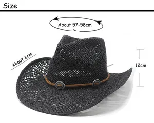 Size chart for black straw cowboy hat showing 57-58cm circumference and 8cm brim