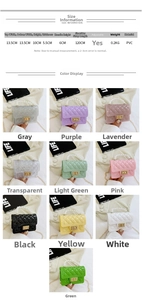Detailed size specifications and color options chart for the pearl jelly handbag