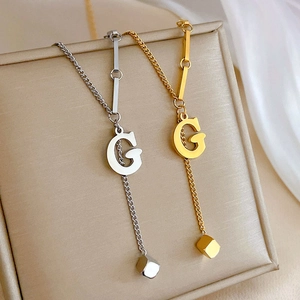 Letter G Pendant Necklace Titanium Steel Square Cube Minimalist Clavicle Chain Y Shape Jewelry For Women