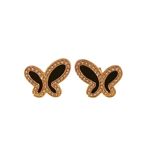 Boucles d'oreilles papillon élégantes avec placage or, émail noir et cristaux clairs