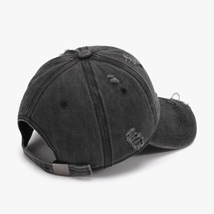 Washed black distressed baseball cap with BLACK embroidery and metal buckle closure