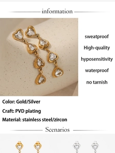 Detail showing heart-shaped zircon drop earrings with PVD plating and quality features