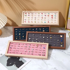 Wooden Jewelry Display Tray Velvet Ring Storage Organizer Multi Slot Earring Stud Holder Showcase For Countertop Showcase