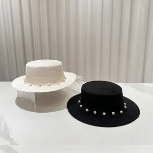 Chapeau De Paille Boater Femme Bord Large Protection Solaire Voyage Été Rétro Français Ruban Künstliche Perle Strass