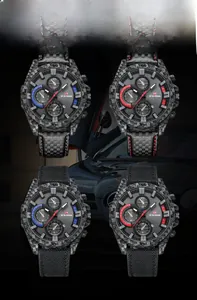 Détails de quatre montres de sport pour hommes étanches avec texture carbone et divers bracelets