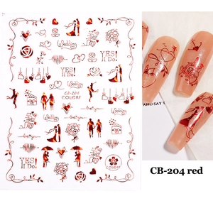 Detail of red 3D self-adhesive nail stickers featuring roses hearts and wedding text