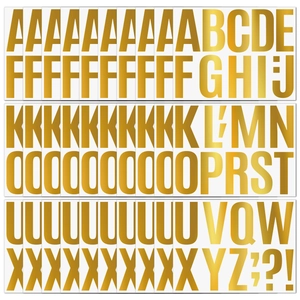 Macro view of 4-inch gold alphabet stickers set including 26 letters and punctuation marks