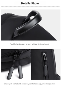 Detail view of durable top handle and smooth dual-zipper closure on black nylon chest bag