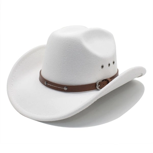 Classic white felt western cowboy hat with brown leather buckle band and silver rivets