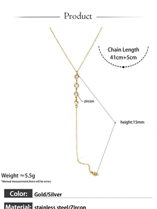 Dimensions détaillées du collier en Y en acier inoxydable avec zircon doré et argenté