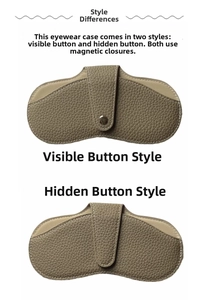 Detail view of khaki leather glasses pouch with magnetic closure in both snap styles