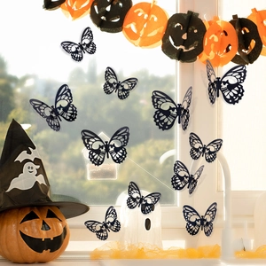 Set of 10 black hollow 3D butterfly wall stickers for Halloween festive window decoration