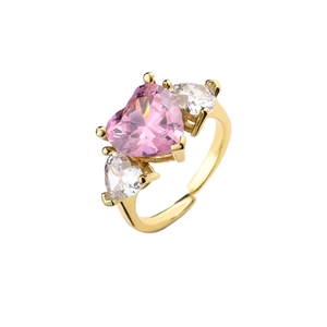 Adjustable golden ring featuring a large pink heart gemstone and clear side stones