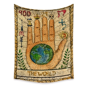 Detail view of The World tarot tapestry with mystical astrology symbols on a white background