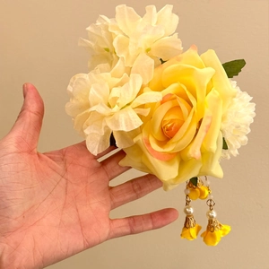 Elegant yellow fabric flower hair clip with pearls and long tassels for women