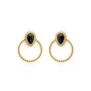 Vintage stainless steel starburst drop earrings with gold rope ring and black natural stone