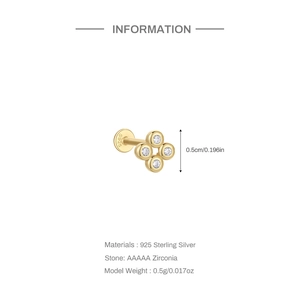 Detail of S925 sterling silver gold clover stud earrings with AAAAA zirconia and dimensions