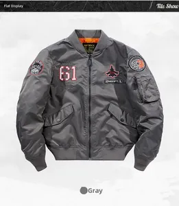 Detail of grey MA-1 bomber jacket featuring utility sleeve pocket and tactical patches
