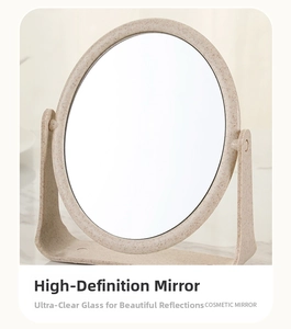 Detail of high-definition cosmetic mirror with rotatable wheat straw base and frame