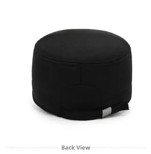 Detail view of the back of a men's winter flat cap with adjustable strap and metal buckle