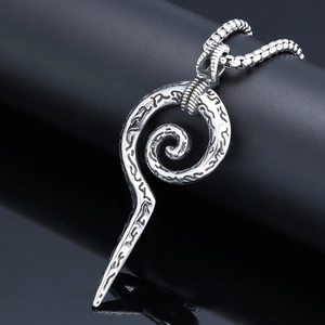 Vintage stainless steel spiral snake scepter viking rune pendant on a braided metal chain
