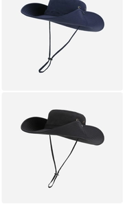 Detail of wide-brim sun hat with metal vents and adjustable windproof strap