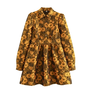 Vintage Floral Mini Dress Jacquard Brocade Long Sleeve Lapel A-Line Court Style Elegant Party Women