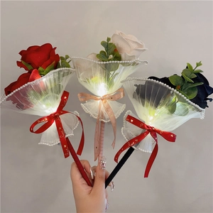 Luminous artificial rose pens with LED lights and ribbon in red, white and black colors
