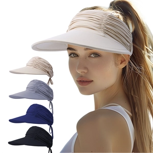 Damen Sonnenhut Visier in Beige, Grau, Blau und Schwarz mit offenem Top und Bindeband