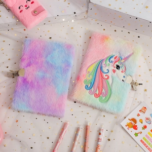 A5 plush unicorn diary with rainbow tie-dye fur and secure metal lock for girls