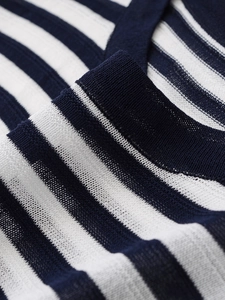 Macro shot of navy and white striped knit fabric showing breathable texture and weave