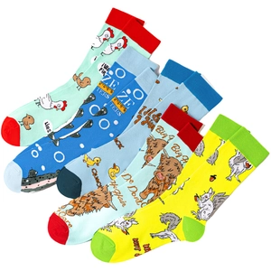 Set of creative cotton mid-calf socks with colorful graphic prints in mint, navy and yellow