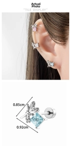 Bow earring details with square cubic zirconia and 0.85cm by 0.92cm size measurements