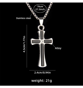 Detail view of cross pendant dimensions 4.5x2.4cm and 70cm stainless steel chain