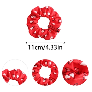 Red heart pattern satin scrunchie with 11cm diameter and 3.5cm fabric width measurement