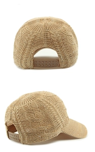 Detail view of adjustable snapback closure on beige sequined knit mesh baseball cap