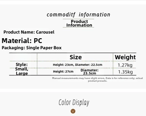 Detailed size specifications and weight for small and large Christmas carousel music boxes
