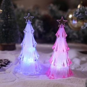 Detail of pink and blue LED Christmas tree lights with snow bubble texture and star toppers