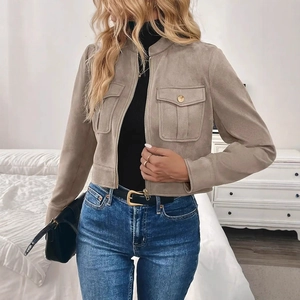 Detail of khaki faux suede short jacket with stand collar and metal zipper closure