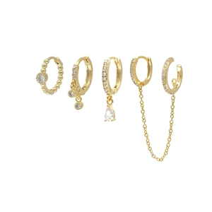 Detail of 5-piece gold earring set featuring cz inlay, chains, and dangle pendants
