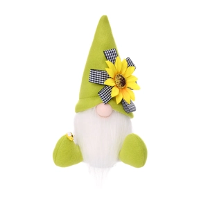 Close-up of gnome plush with sunflower hat, white beard, and micro bee detail