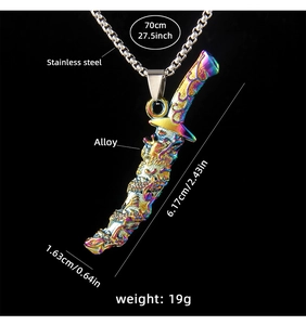 Detailed view of rainbow saber necklace with 70cm chain and dragon sword pendant dimensions