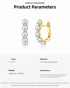 Detailed specs of S925 silver hoop earrings with five white freshwater pearls