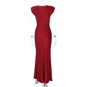 Detail view of the sleek back design and tailored fit of the red sleeveless maxi dress