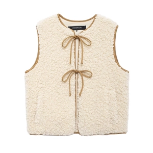 Chic cream fleece vest with brown contrast binding and front ribbon bow ties