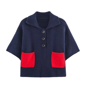 Women Short Sleeve Knit Sweater Contrast Red Pockets Polo Collar Ribbed Trim Retro Casual Knitwear Top Navy Blue
