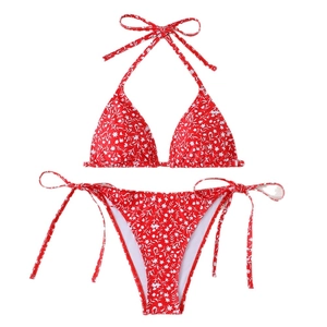 Red floral triangle bikini set with halter top and side-tie bottoms on white background