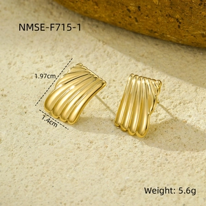 Detailed view of golden seashell textured square earrings with dimension measurements
