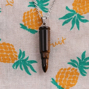 Tiger eye stone bullet pendant necklace with silver chain in retro punk hip-hop style